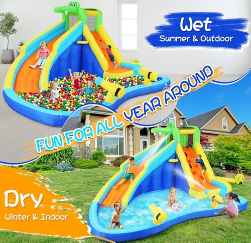 Miniatura 2 de Parque acuático inflable de la casa de la despedida - Diapositiva para niños con soplador de aire, piscina de salpicaduras y diseño de castillo