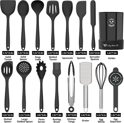 Miniatura 8 de Deedro - Juego de utensilios de cocina de silicona, 16 piezas, resistentes al calor, con soporte, espátula antiadherente, utensilios de cocina