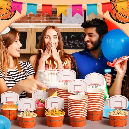Miniatura 6 de Sunnyray 24 juegos de tazas de baloncesto con tarjetas, 8 onzas, desechables, de papel, para fiestas, pelotas deportivas, cuencos de comida
