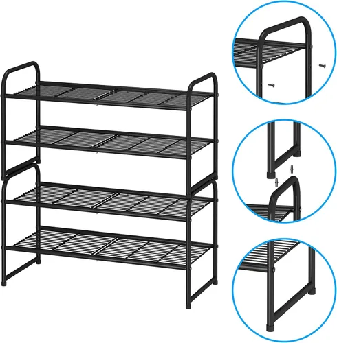 Miniatura 4 de Simple Trending - Zapatero apilable de 2 niveles, organizador de almacenamiento para zapatos de metal, negro