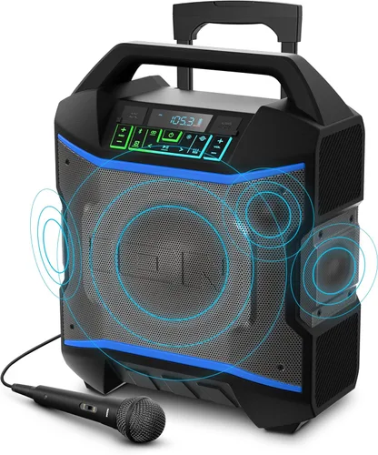 ION Block Rocker - Altavoz portátil Bluetooth para fiestas al aire libre con micrófono de karaoke, batería, 4 altavoces, radio, puerto USB,