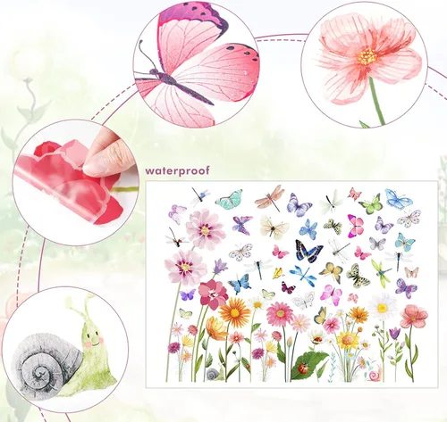 Miniatura 3 de 80 calcomanías de pared con diseño de flores, mariposas, crisantemos, libélulas, flores, despegar y pegar, arte removible de PVC para jardín