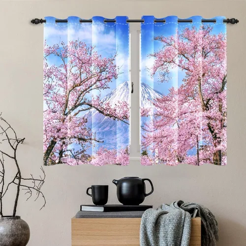 Miniatura 166 de Cortinas japonesas con pintura de tinta, monte Fuji, sol rojo, puesta de sol, hojas de bambú, cortinas de ventana para dormitorio, sala de estar