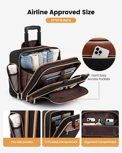 Miniatura 3 de LOVEVOOK Bolso para portátil rodante para mujer, maletín con ruedas de 17.3 pulgadas, equipaje de mano blando para debajo del asiento, artículo