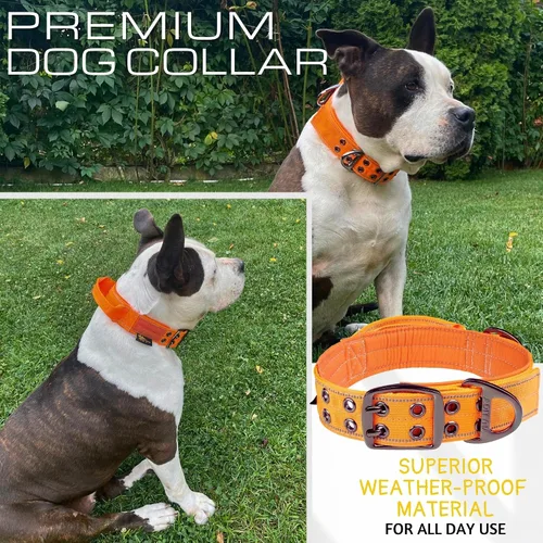 Miniatura 6 de ADITYNA Collar de perro resistente para perros grandes, collar naranja reflectante con asa para entrenar y caminar, ancho, grueso, táctico