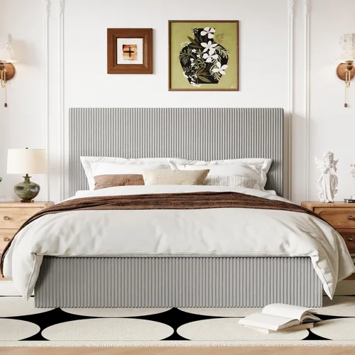 Miniatura 12 de Allewie Base de cama matrimonial, cama tapizada, cabecera capitoné de canal vertical ajustable, tela de pana, perfil bajo moderno, listones