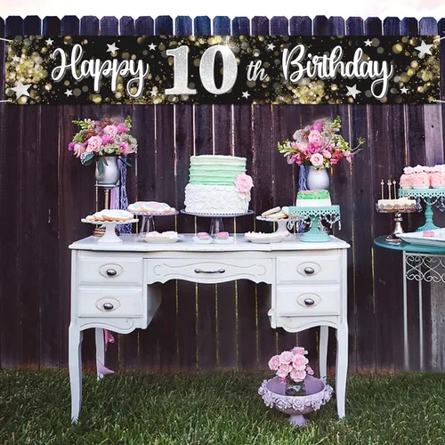 Miniatura 2 de Decoraciones de feliz cumpleaños número 10, globo de estrella de ensueño negro y plateado grande cartel colgante de cumpleaños, suministros