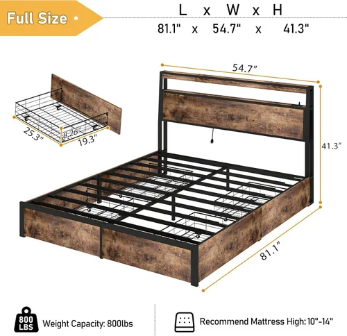 Miniatura 2 de SADENICEL Base de cama de tamaño matrimonial con almacenamiento, plataforma de cama de madera LED con cabecero, 4 cajones, estación de carga,