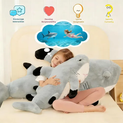 Miniatura 2 de Tezituor Animales de peluche de gran tiburón blanco de 32 pulgadas, almohada grande de peluche de tiburón de 2.6 pies para niñas y niños, juguete