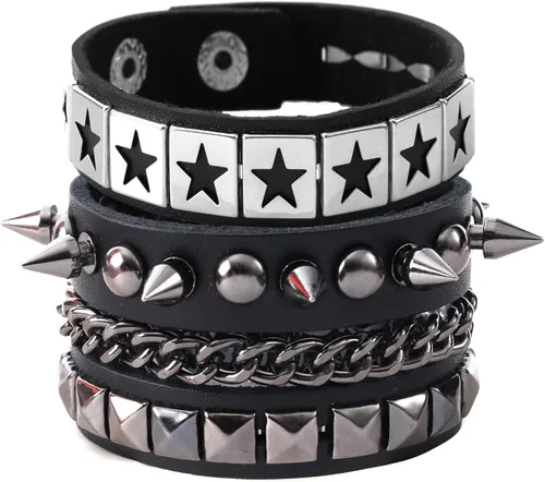Eigso Pulseras de cuero punk rock para hombres y mujeres, estilo retro, vintage, cadena de los años 80, para hombre y mujer