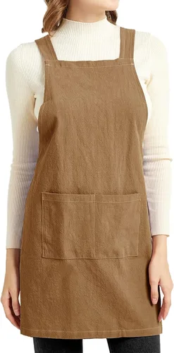 ELEZAY Delantales para mujer con bolsillos, talla grande, cómodo, espalda cruzada, sin lazo, delantal de lino y algodón Marrón