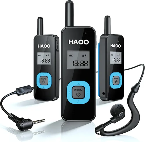 HAOO Mini walkie talkies con auriculares, radio portátil de dos vías, transceptor FM, walkie talkie de largo alcance para esquí, senderismo, 3 PZAS