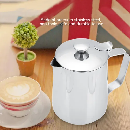 Miniatura 9 de Jarra de espuma de leche de acero inoxidable con tapa, 11.8 fl oz, boquilla para arte de café con leche