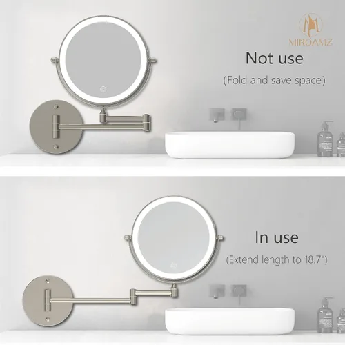 Miniatura 4 de Espejo de maquillaje recargable montado en la pared iluminado para el tocador de 20 centímetros de doble cara con aumento 1X 10, espejo de baño