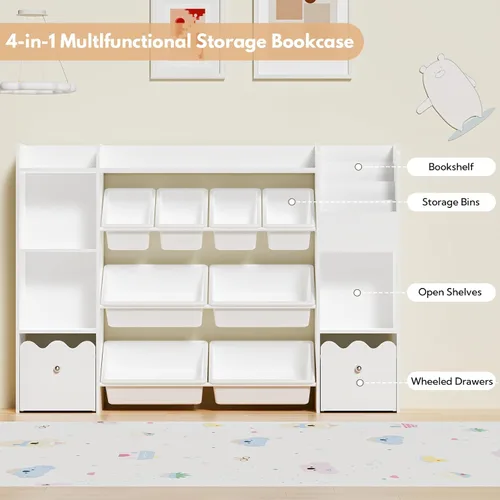 Miniatura 4 de HOMMPA Organizador de almacenamiento de juguetes para niños de 55 pulgadas de ancho con 2 cajones movibles, estantería de 4 niveles para niños