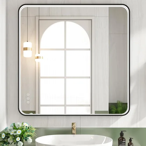 Miniatura 16 de Espejo de baño LED de 24x32 pulgadas con luces, espejo LED con marco de metal negro para baño, 3 colores y luz regulable sin escalones montada