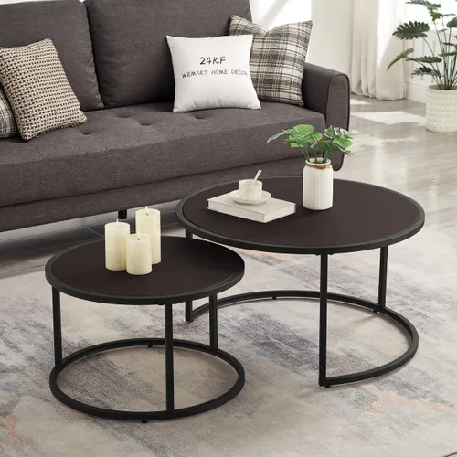 24KF Moderna mesa de centro redonda de piel sintética con base de metal negro, mesa de té decorativa para sala de estar, juego de 2, color marrón