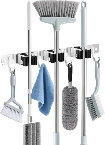 Miniatura 10 de Soporte de Pared para Escoba, Organizador de Escoba de Montaje en Pared de Acero Inoxidable y Colgador de Trapeador de Servicio Pesado, Organización