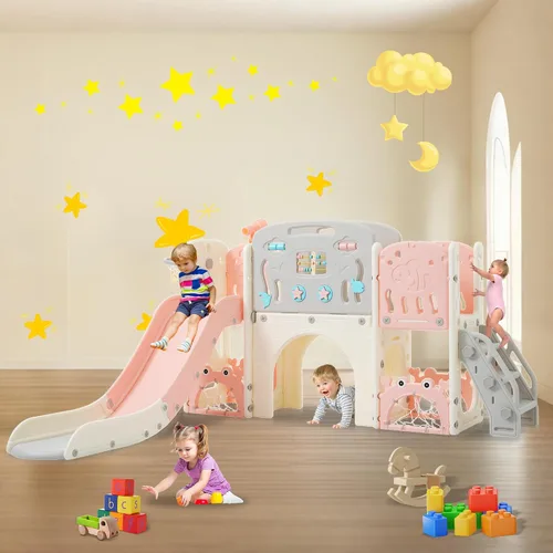 Miniatura 10 de Tobogán infantil 11 en 1, tobogán para niños pequeños de 1 a 3 años con telescopio, aro de baloncesto y telescopio, juego para interiores y Azul