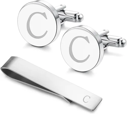 Miniatura 32 de LOYALLOOK - Gemelos de acero inoxidable grabados con inicial y clip de corbata, diseño de letras del alfabeto con caja de regalo, A-Z