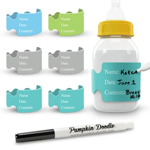 Pumpkin Doodle - Las etiquetas originales de biberón escribibles y reutilizables para guardería (Cool-Multi-Small) compatibles con biberones de 4oz