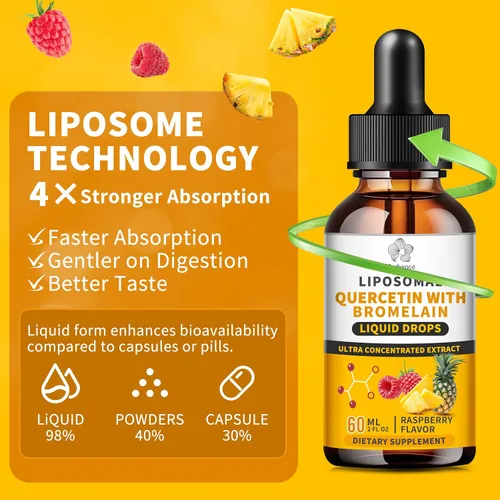 Miniatura 6 de Quercetina liposomal con gotas líquidas de bromelina para Kis & Aldult- mayor absorción, suplementos de quercetina 700 mg con bromelina saúco zinc