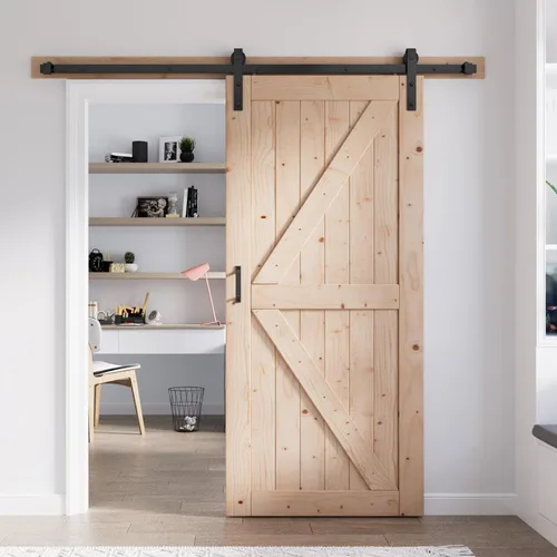 Miniatura 19 de FREDBECK - Puerta de granero de madera de 48 x 84 pulgadas con kit de herrajes para puerta de granero de 8 pies incluido, forma K, panel de abeto