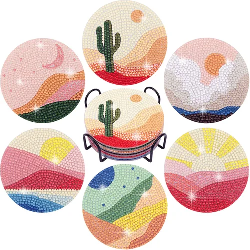 Temlum 6 Piezas de Posavasos de Pintura de Diamantes con Soporte, Posavasos de Arte de Diamante de Paisaje Abstracto, Kits Pequeños de Pintura de