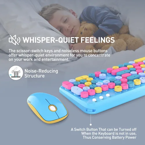 Miniatura 4 de FOPETT - Juego de teclado y mouse inalámbricos de 2.4 GHz con botón de interruptor, teclado de tamaño completo, compatible con V2030 Azul Colorido