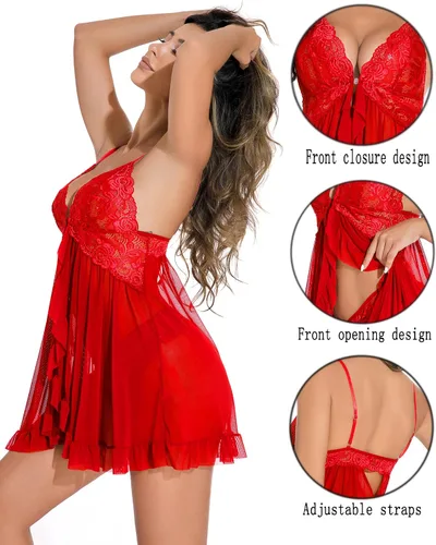 Miniatura 2 de Lencería para mujer, con cierre frontal, babydoll de encaje, cuello en V, con volantes, ropa de dormir sexy