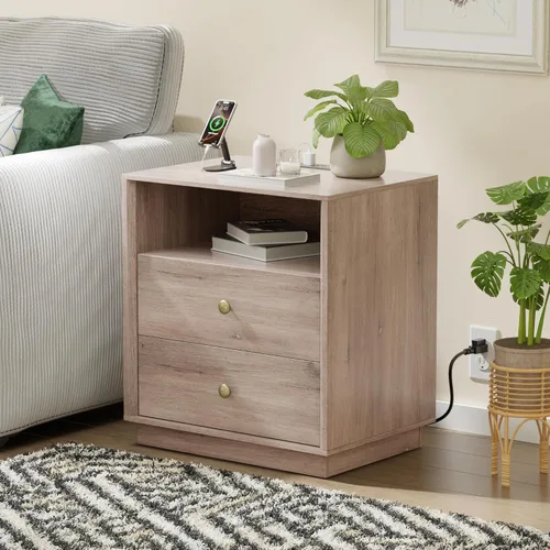Miniatura 27 de Mesita de noche con 2 cajones de almacenamiento, mesa auxiliar moderna para dormitorio con asa recortada, mesitas de noche grandes para dormitorio