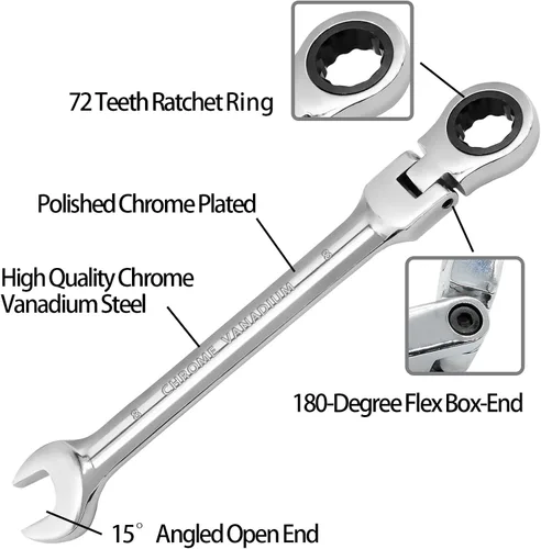 Miniatura 4 de Llave de trinquete de cabeza flexible de 0.315 in, llave combinada de acero al cromo vanadio de 12 puntos con engranaje de trinquete de 72 dientes