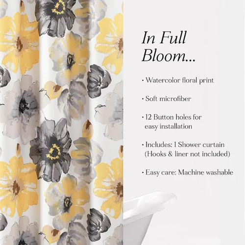 Miniatura 6 de Lush Decor Leah Cortina de Ducha Floral, 72" An x 72" L, Amarillo y Gris - Cortinas de Ducha de Tela - Cortina de Baño Botánica de Acuarela
