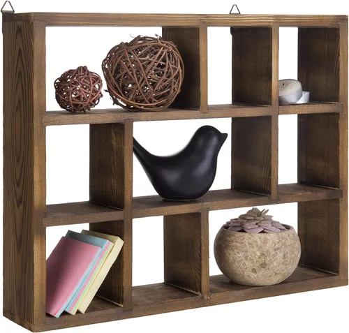 Miniatura 7 de MyGift Caja de sombra vintage de madera maciza con 9 compartimentos, vitrina de curiosidad para montar en la pared, estante independiente o flotante