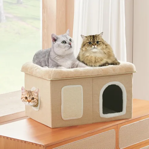 Miniatura 3 de WINDRACING Camas para gatos de interior - Casa extra amplia para mascotas y cama plegable para gatos con almohadilla para arañar, escondite