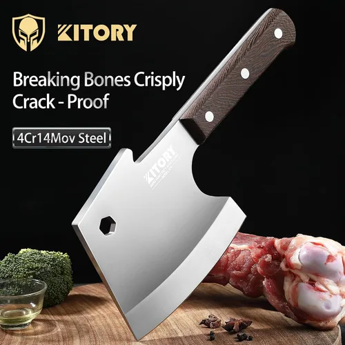 Miniatura 2 de Kitory Cuchilla de carne, cuchillo de corte de huesos resistente, hoja súper gruesa en forma de hachas de espiga completa, rompe huesos, cuchillo