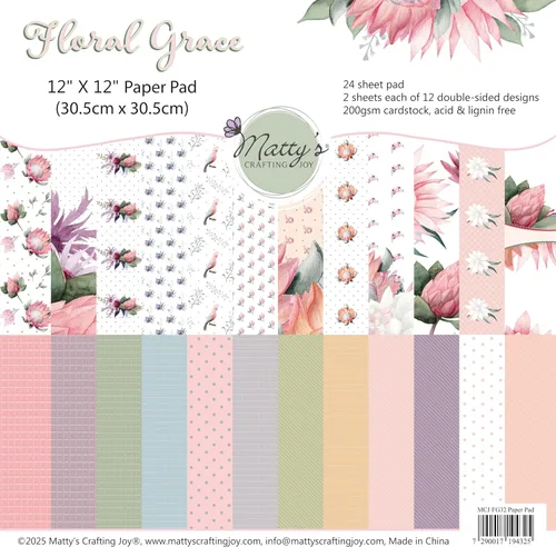 Matty's Crafting Joy Floral Grace - Bloc de papel de cartulina de doble cara de 12 x 12 pulgadas, 24 unidades, diseño floral