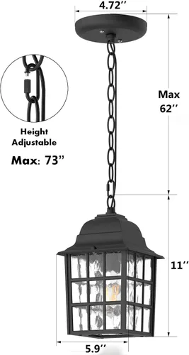 Miniatura 6 de Lámpara colgante al aire libre, linterna colgante de techo exterior para porche con vidrio de agua, luz de linterna colgante al aire libre, lámpara