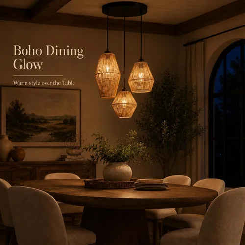Miniatura 5 de Lámpara colgante de ratán de 3 luces, candelabro bohemio tejido a mano, lámpara colgante de mimbre, lámpara de cocina y comedor sobre mesa, luz