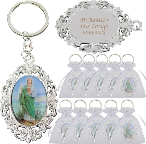 WE Llavero conmemorativo personalizado, 12 unidades, llavero de recuerdo de San Jude, recuerdo de primera comunión, recuerdo de fiesta de bautizo,