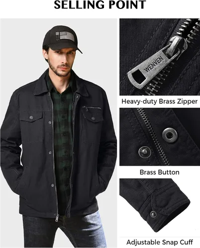 Miniatura 5 de Chaqueta WenVen con solapa, estilo militar, de algodón de lona, casual, para hombre