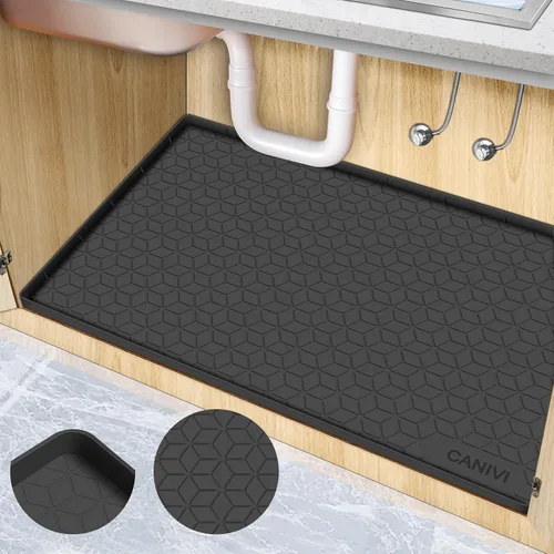 Miniatura 10 de Tapete para debajo del fregadero, 34 x 22 pulgadas, bandeja de silicona impermeable debajo del fregadero para armarios de cocina y lavandería, Azul
