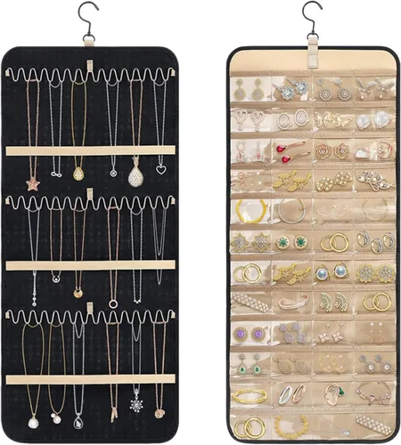 Miniatura 9 de Tefola Organizador de joyas colgante, organizador de collares de doble cara, organizador de joyas para aretes, collares, anillos, lentes