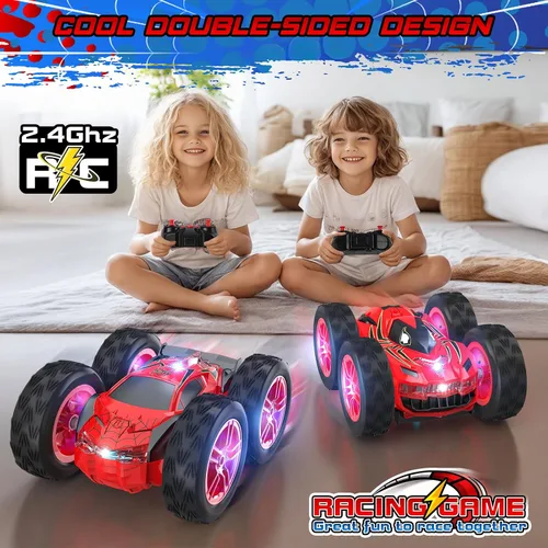 Miniatura 3 de Auto de control remoto para niños, autos de acrobacias RC para niños de 4 a 7 años con luces LED y doble cara para regalo de cumpleaños de Pascua