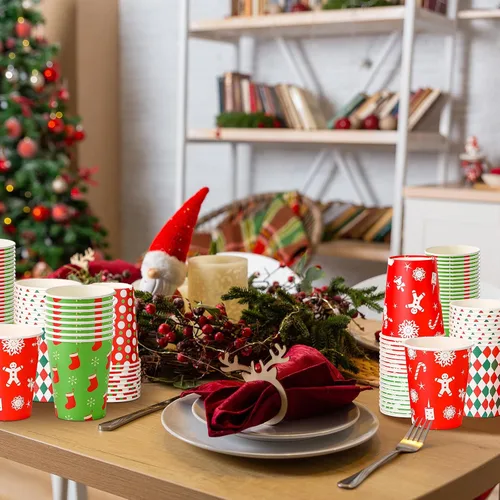 Miniatura 6 de Umigy 100 vasos de papel de Navidad a granel desechables de 9 onzas, tazas de café de chocolate caliente, medias de árbol de Navidad, pan