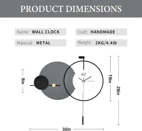 Miniatura 3 de Reloj de pared grande y moderno para sala de estar, reloj de pared decorativo silencioso a pilas con péndulo arte de pared de metal para decoración