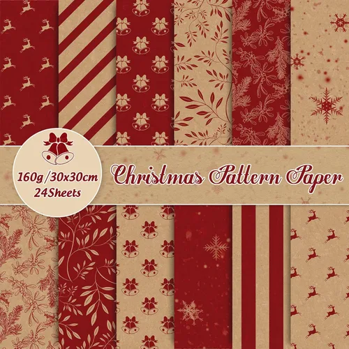 Whaline Paquete de 24 papeles de patrón navideño, papel rústico de recortes de Navidad, 12 diseños de papel kraft rojo de doble cara para