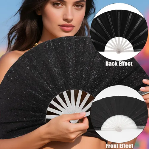 Miniatura 4 de 10 ventiladores plegables grandes de mano para hombres y mujeres, abanicos decorativos plegables, accesorios rave, utilizado para bailes, fiestas