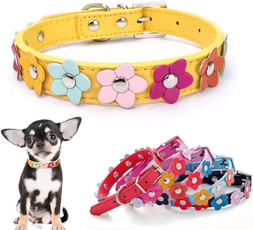 Miniatura 10 de Collares negros de lujo para perros medianos, bonitos collares de piel sintética con flores coloridas y coloridas para cachorros, para perros