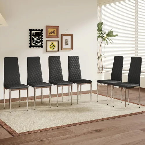 Miniatura 13 de Juego de 4 sillas de comedor modernas, de piel sintética negra, juego de 4, sillas tapizadas con respaldo alto con patas de metal plateado